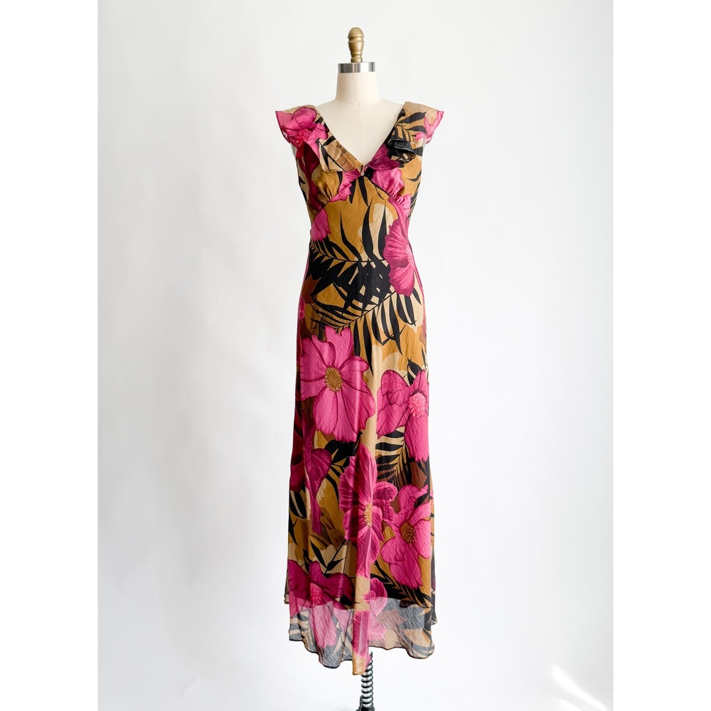 Tropical Floral Ruffle Maxi Dress Pink Tan Black V-Neck Sleeveless Summer Boho